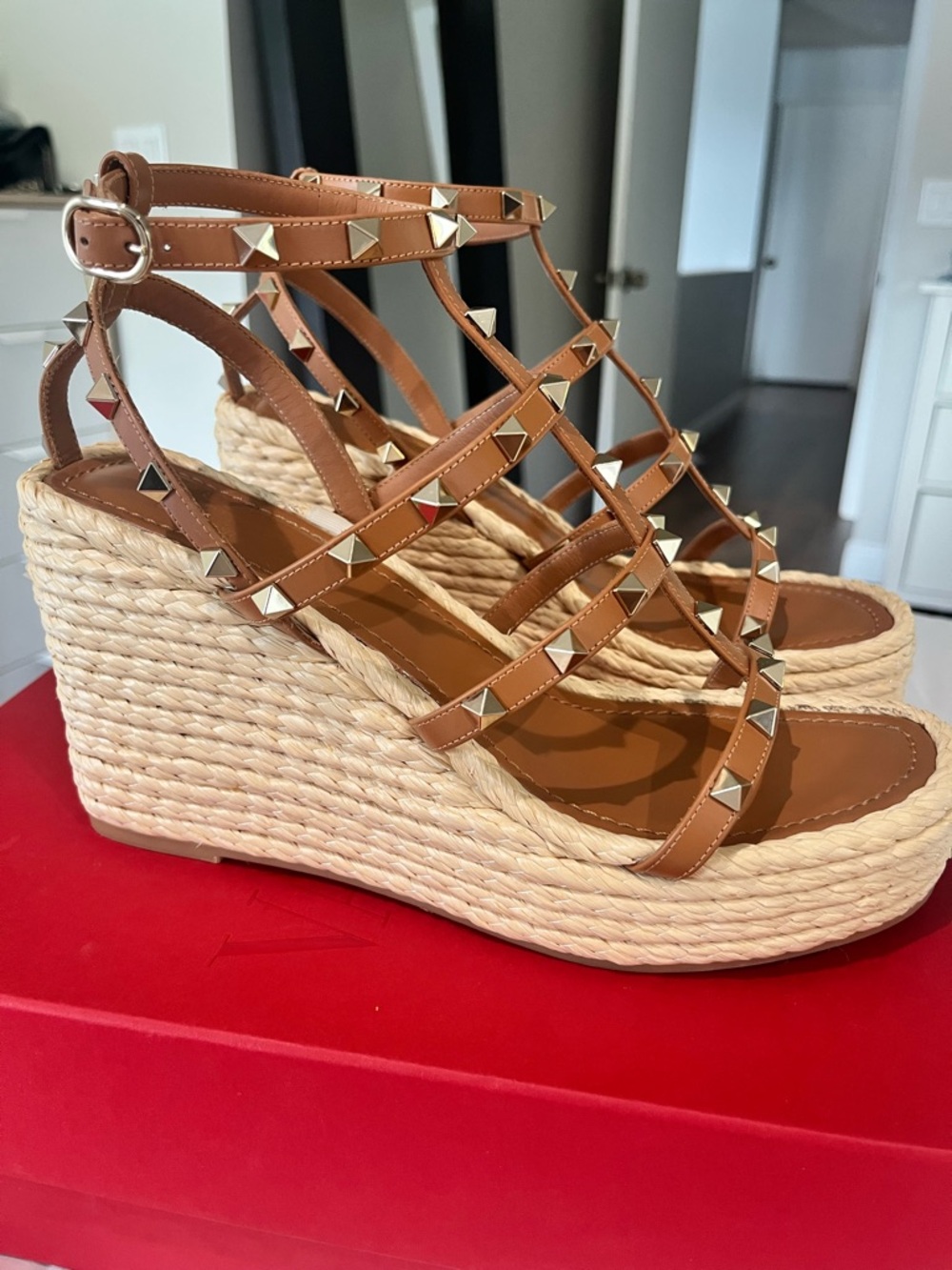 Valentino Garavani Rockstud Tan Strappy Espadrille Sandals - Women - Picture 2 of 4